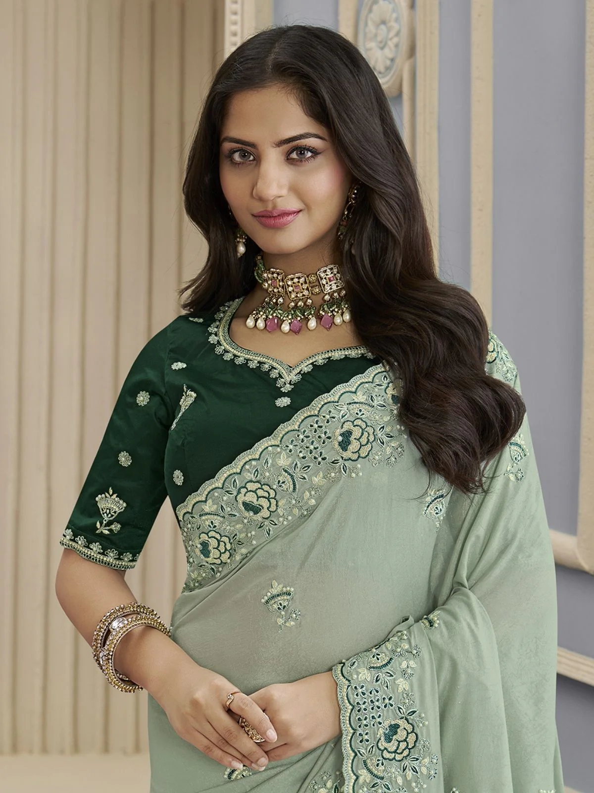 Odette Light Green Georgette Embroidered Elegant Saree For Women - Image 2