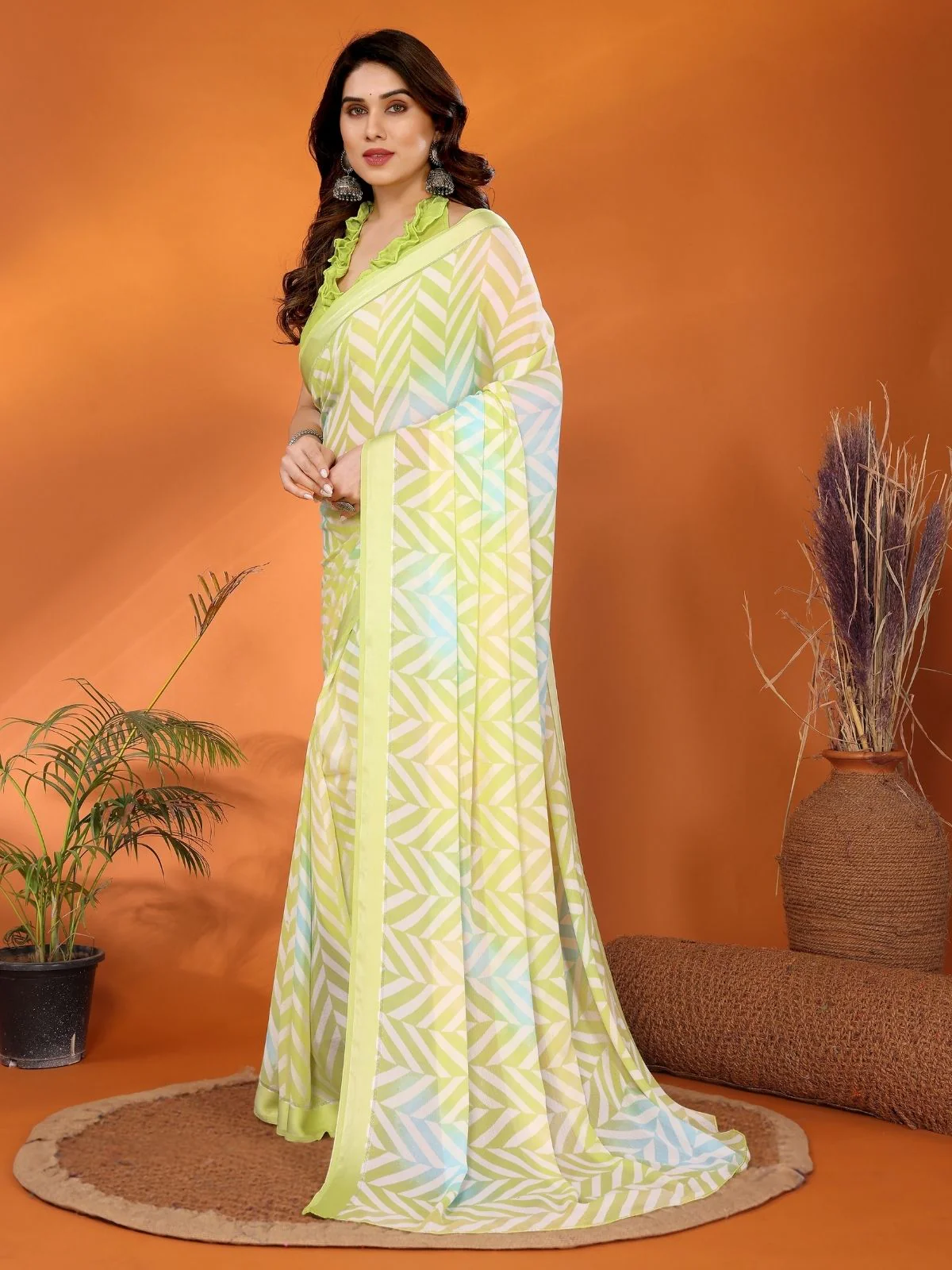 Odette Light Green Georgette Printed Saree With Unstitched Blouse For Women - Image 2