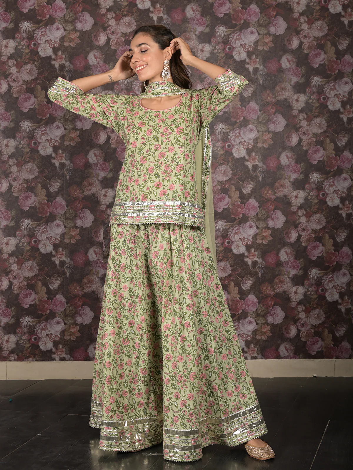 Odette Light Green Gota Embroidered Stitched Cotton Lehenga with Stitched Blouse for Women - Image 3