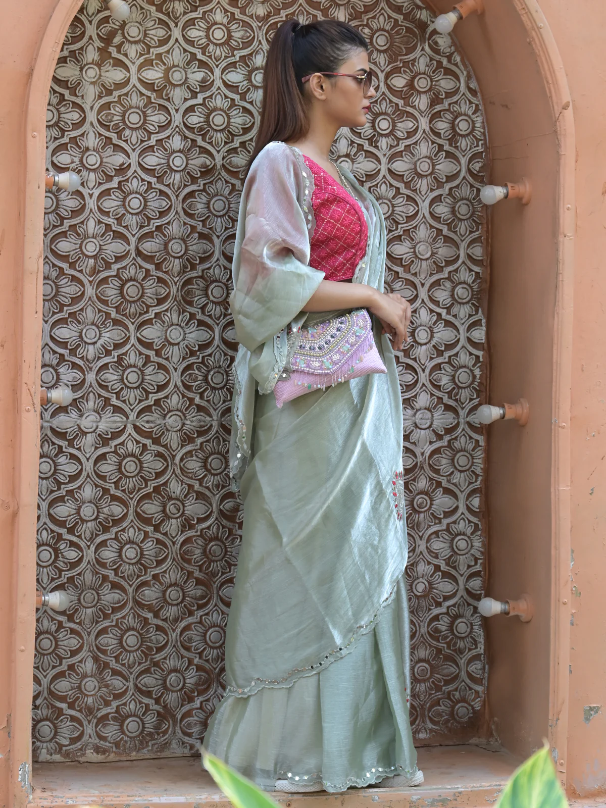 Odette Light Green Mirror Work Embroidered Saree with Unstitched Blouse for Women - Image 2