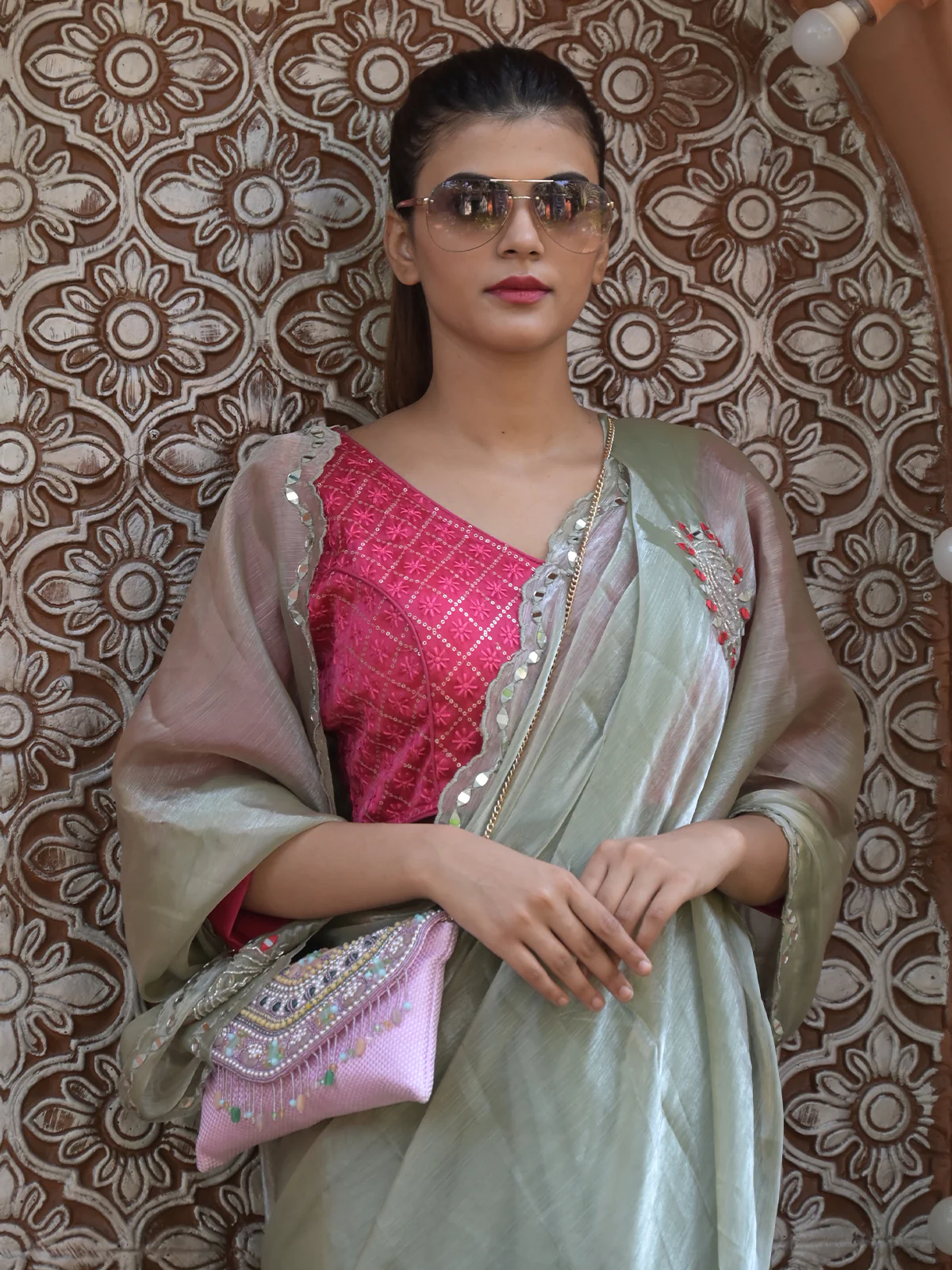 Odette Light Green Mirror Work Embroidered Saree with Unstitched Blouse for Women - Image 4