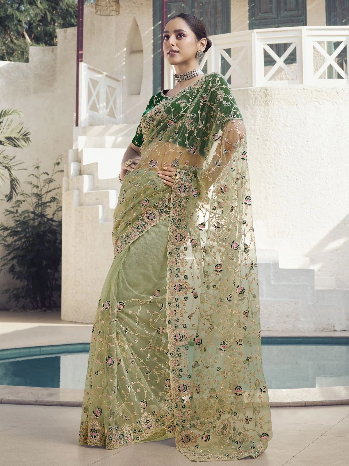 Odette Light Green Net Embroidered Elegant Saree For Women