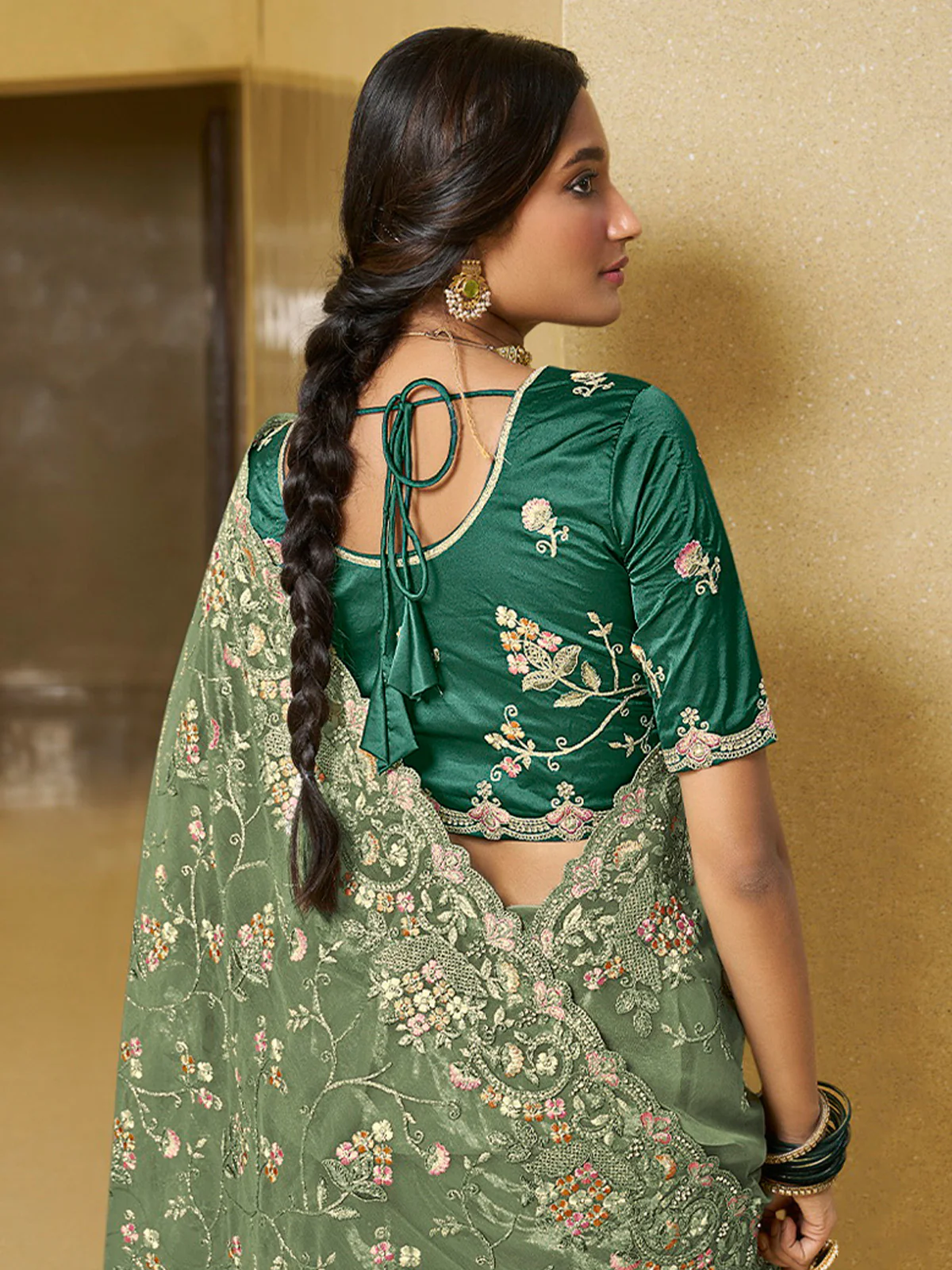 Odette Light Green Net Embroidered Saree with Unstitched Blouse For Women - Image 3