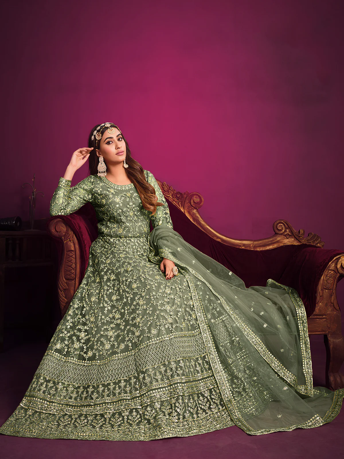 Odette Light Green Net Embroidered Semi stitched Kurta Set With Inner For Women - Image 2