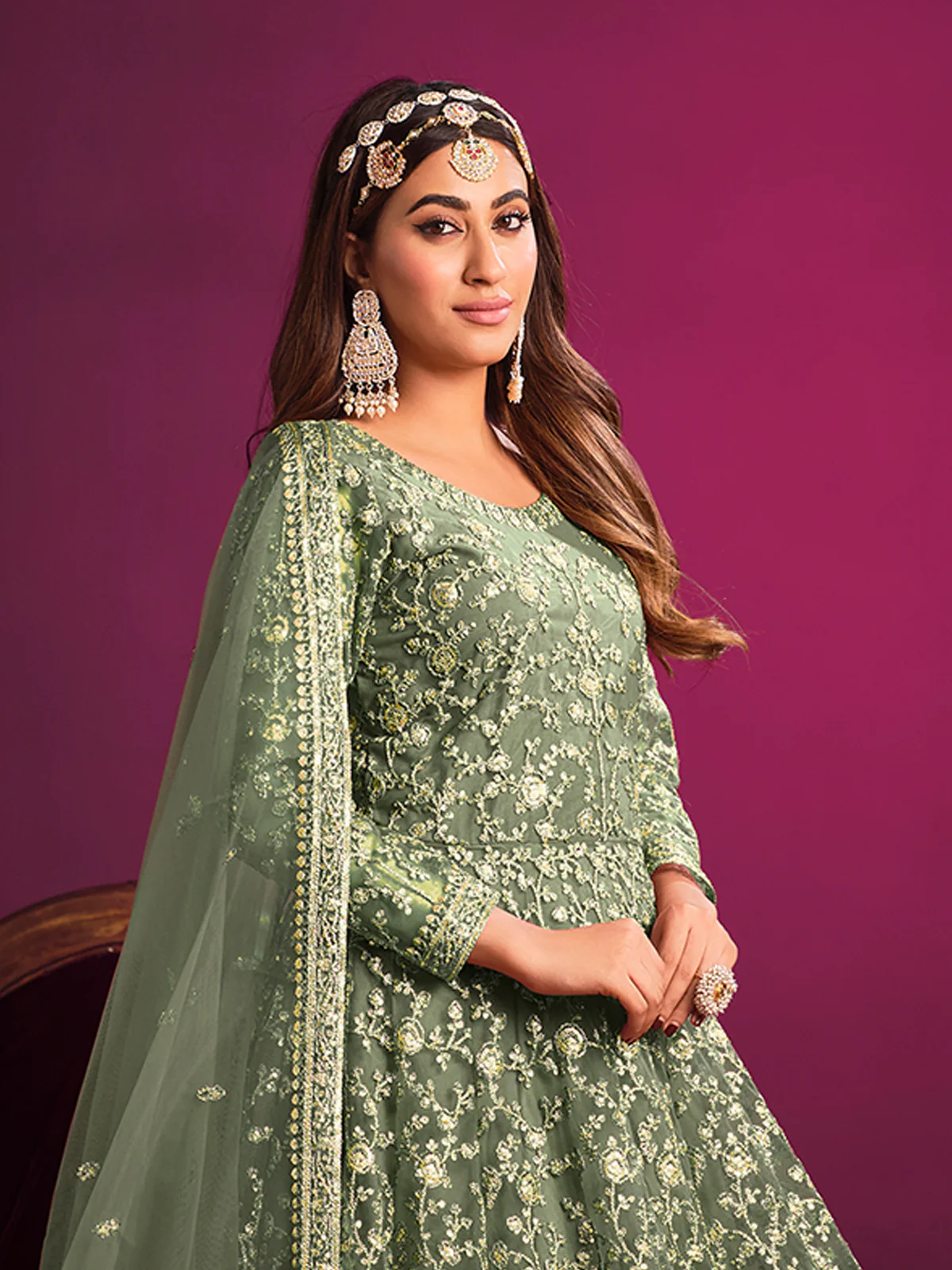 Odette Light Green Net Embroidered Semi stitched Kurta Set With Inner For Women - Image 4