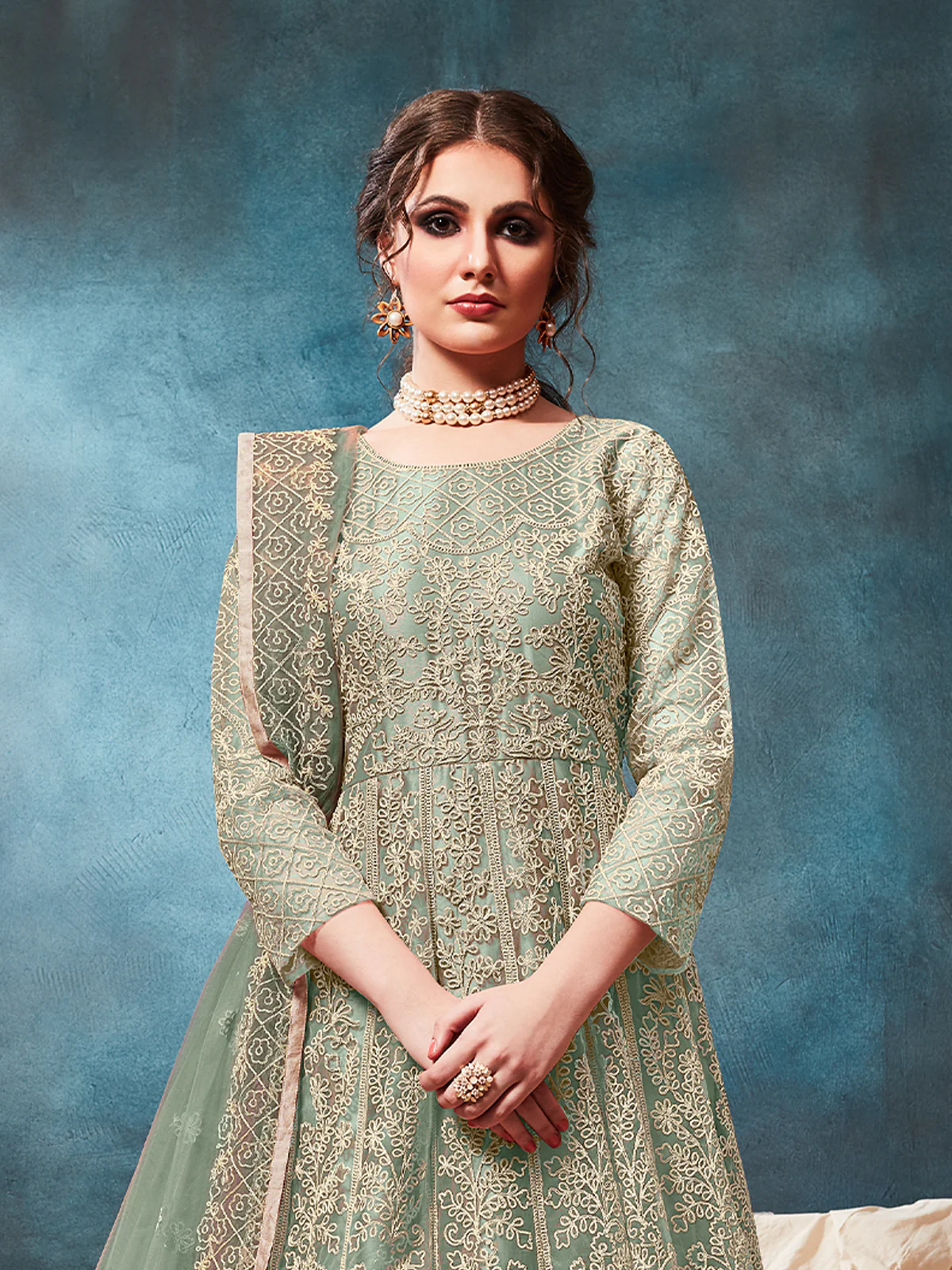 Odette Light Green Net Embroidered Semi stitched Kurta Set with Inner For Women - Image 2