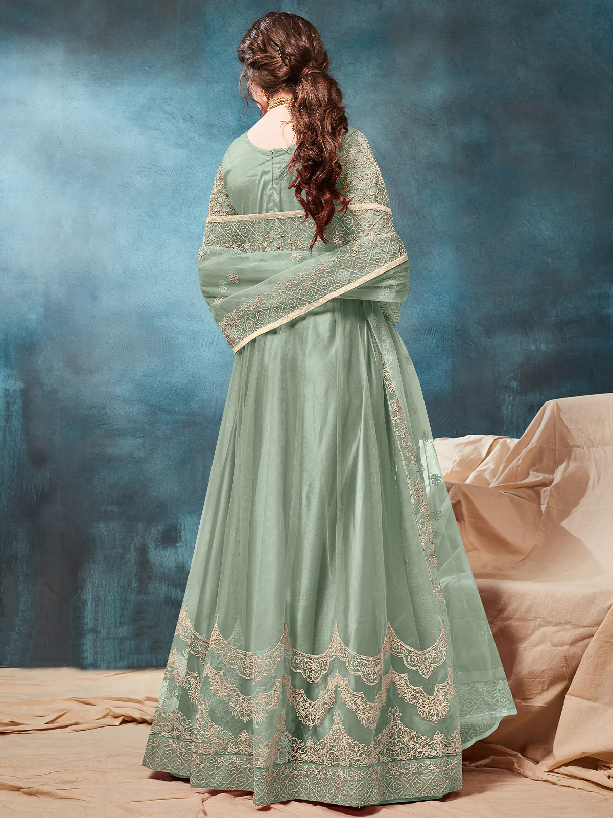 Odette Light Green Net Embroidered Semi stitched Kurta Set with Inner For Women - Image 3