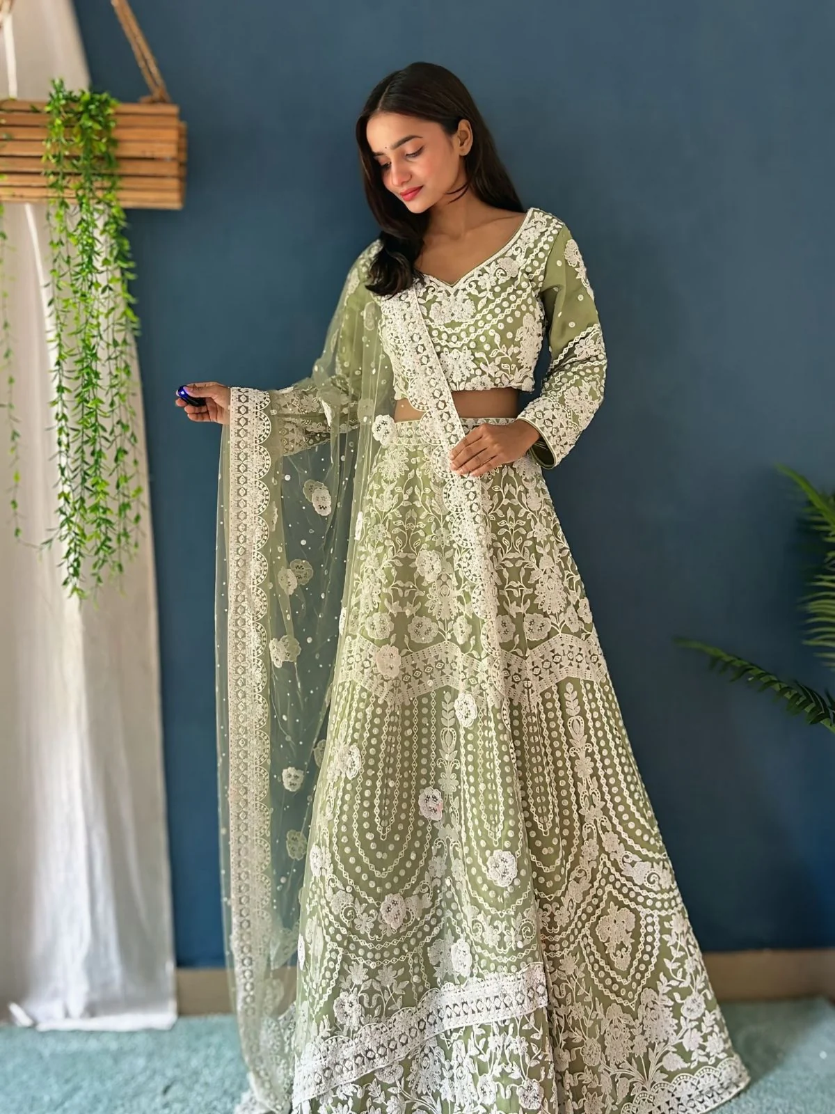 Odette Light Green Net Embroidered Semi-Stitched lehenga For Women - Image 4