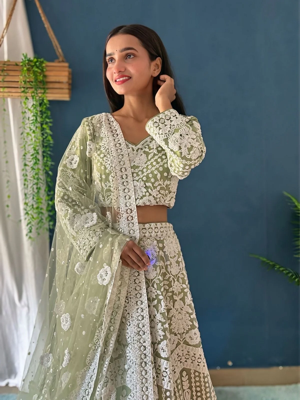 Odette Light Green Net Embroidered Semi-Stitched lehenga For Women - Image 5