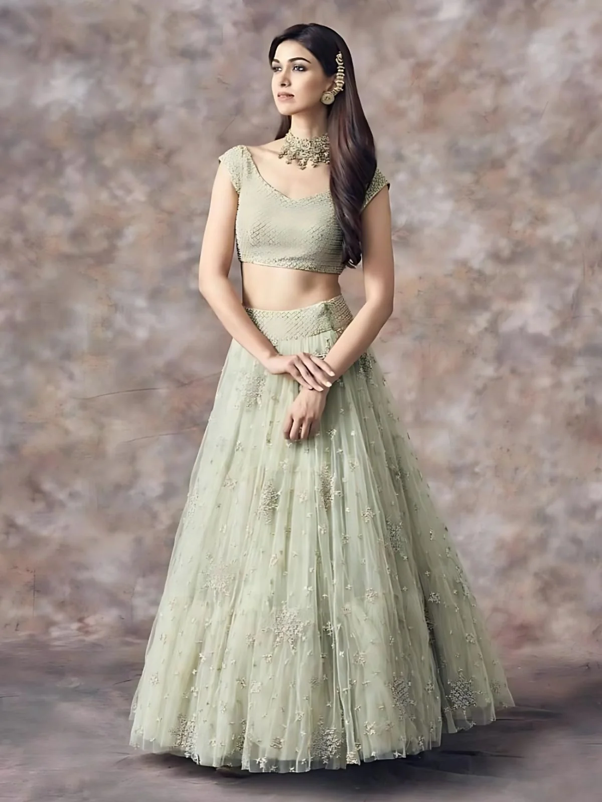 Odette Light Green Net Embroidered Semi-Stitched lehenga For Women - Image 2