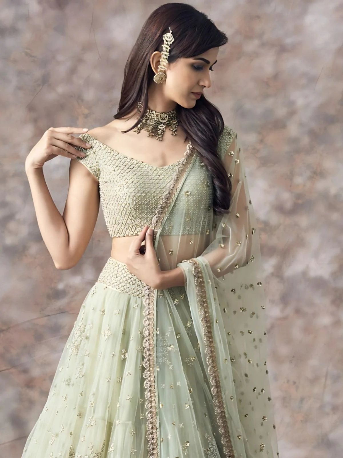 Odette Light Green Net Embroidered Semi-Stitched lehenga For Women - Image 3