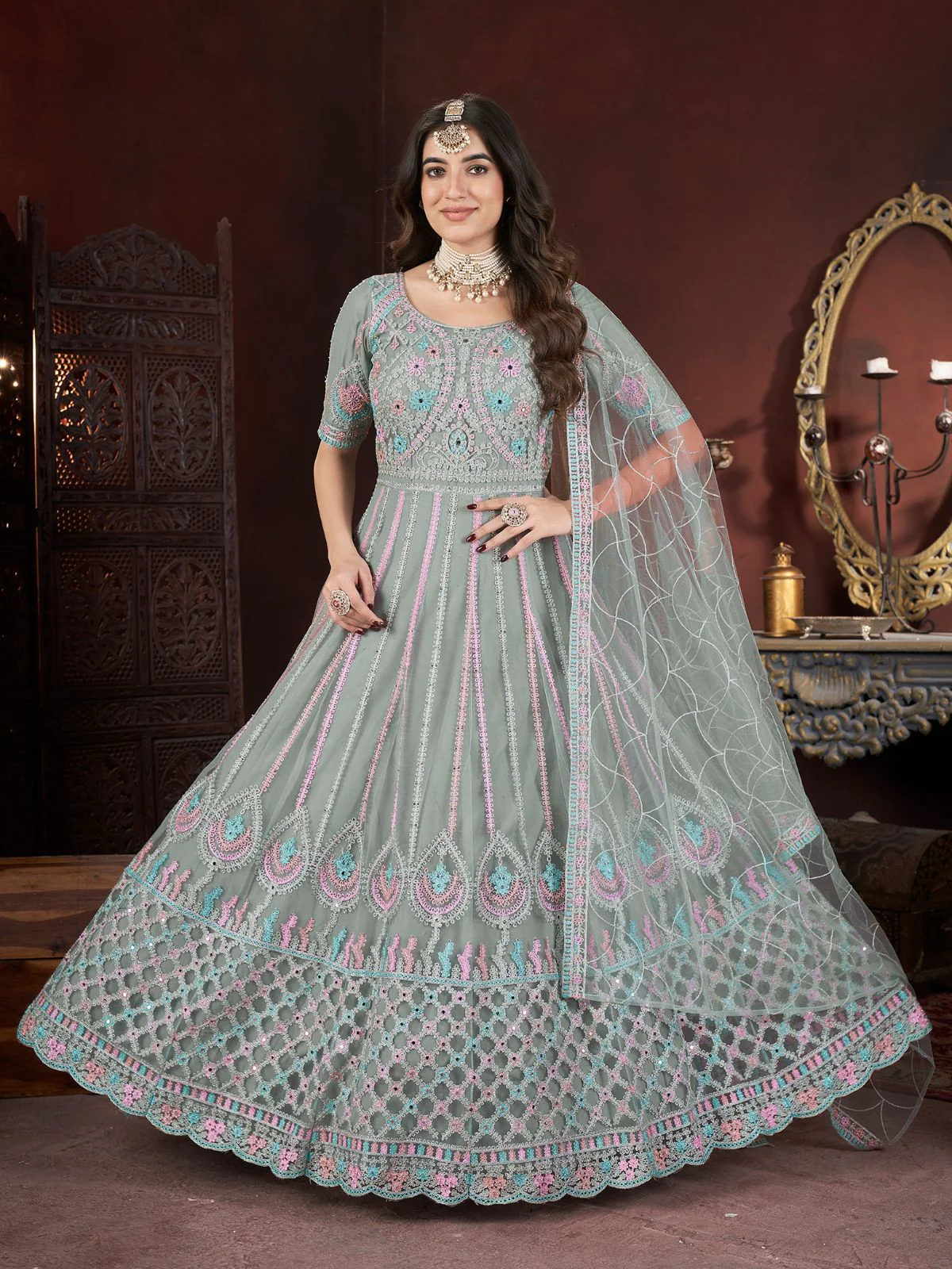Odette Light Green Net Embroidered Stitched Gown For Women