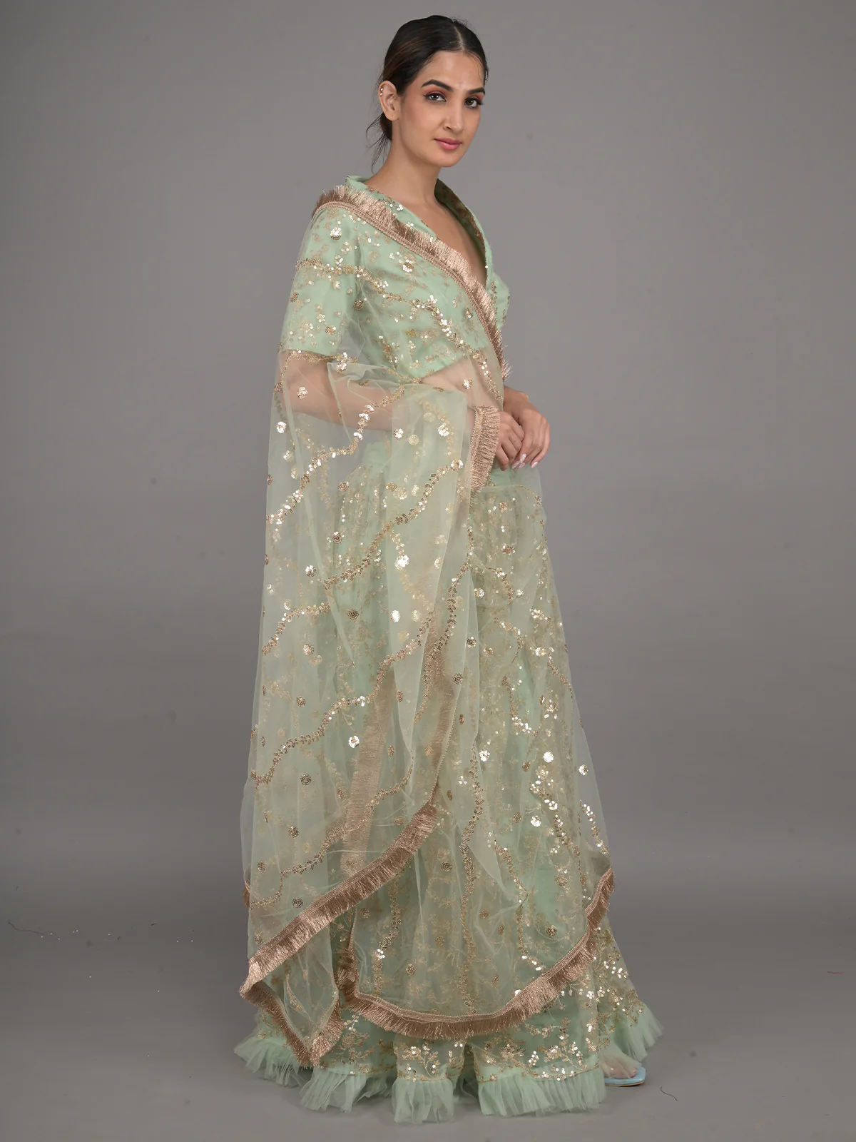 Odette Light Green Embellished Net Stitched Lehenga Set For Women - Image 2