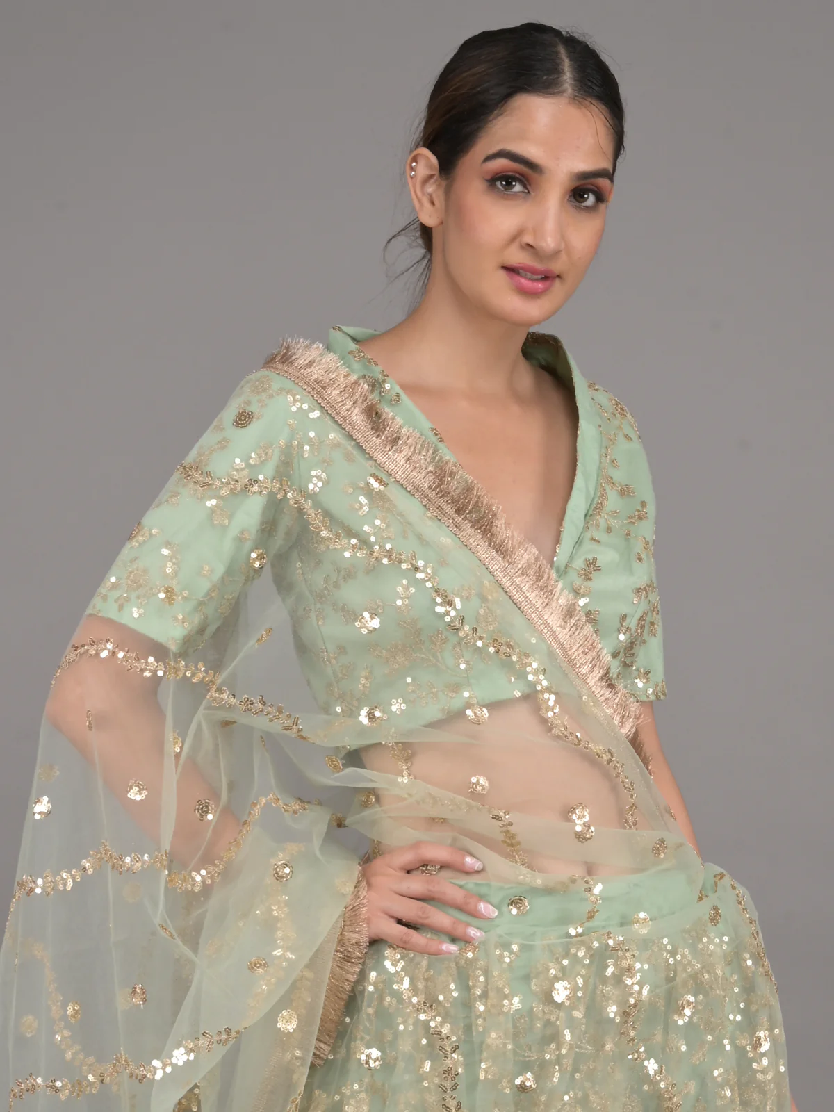 Odette Light Green Embellished Net Stitched Lehenga Set For Women - Image 4