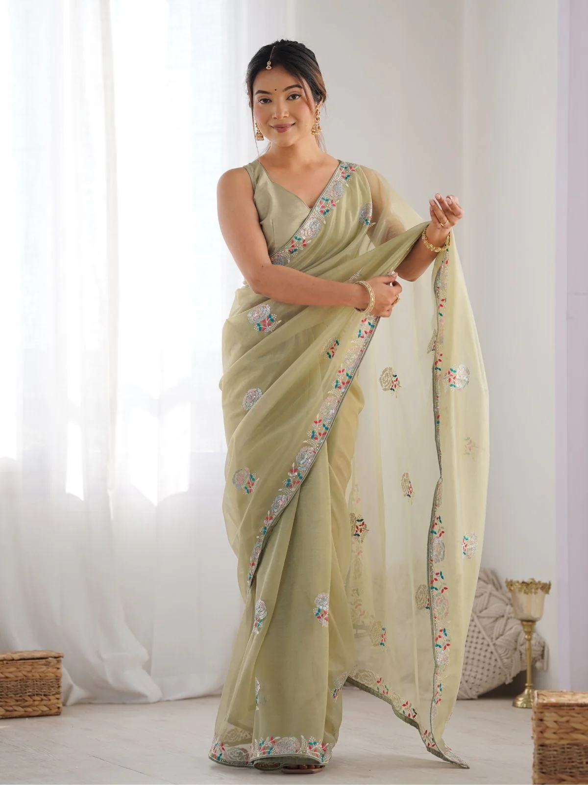Odette Light Green Net Sequins Embroidered Saree With Unstitched Blouse For Women