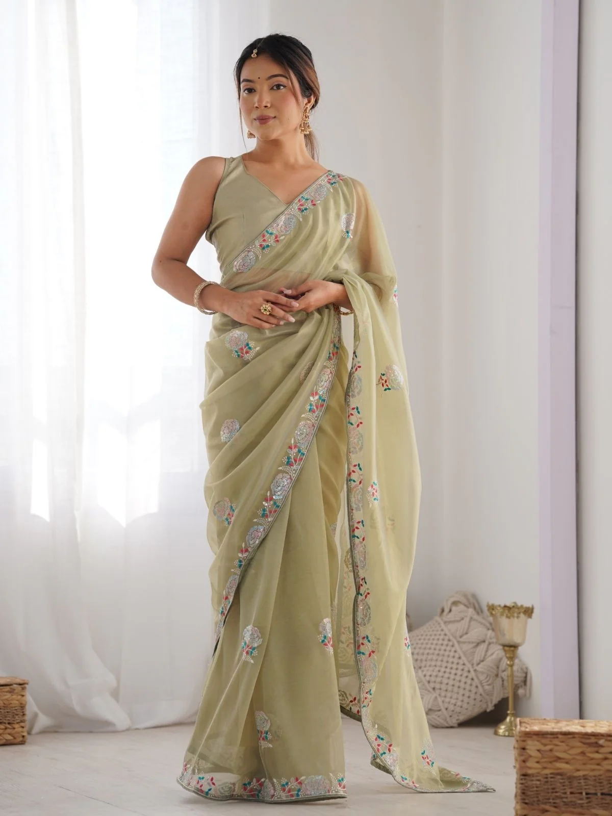 Odette Light Green Net Sequins Embroidered Saree With Unstitched Blouse For Women - Image 2