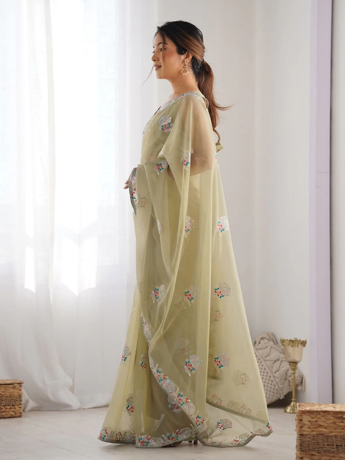 Odette Light Green Net Sequins Embroidered Saree With Unstitched Blouse For Women - Image 3