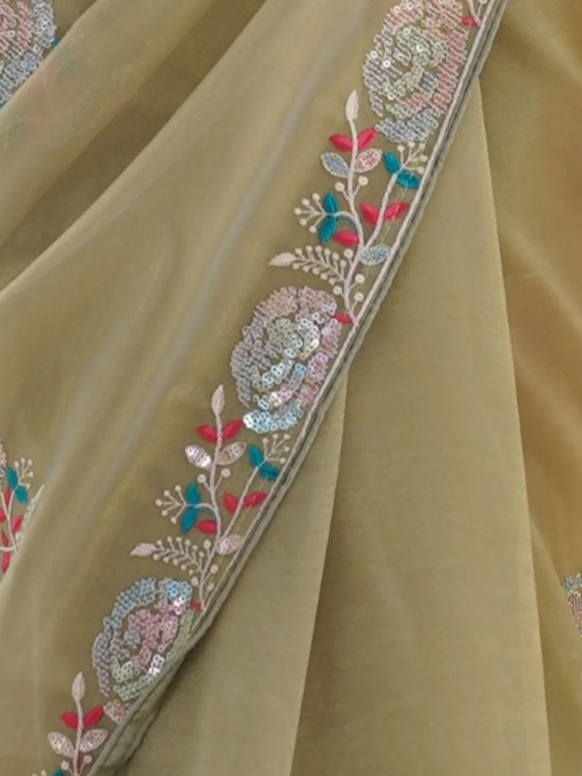 Odette Light Green Net Sequins Embroidered Saree With Unstitched Blouse For Women - Image 6
