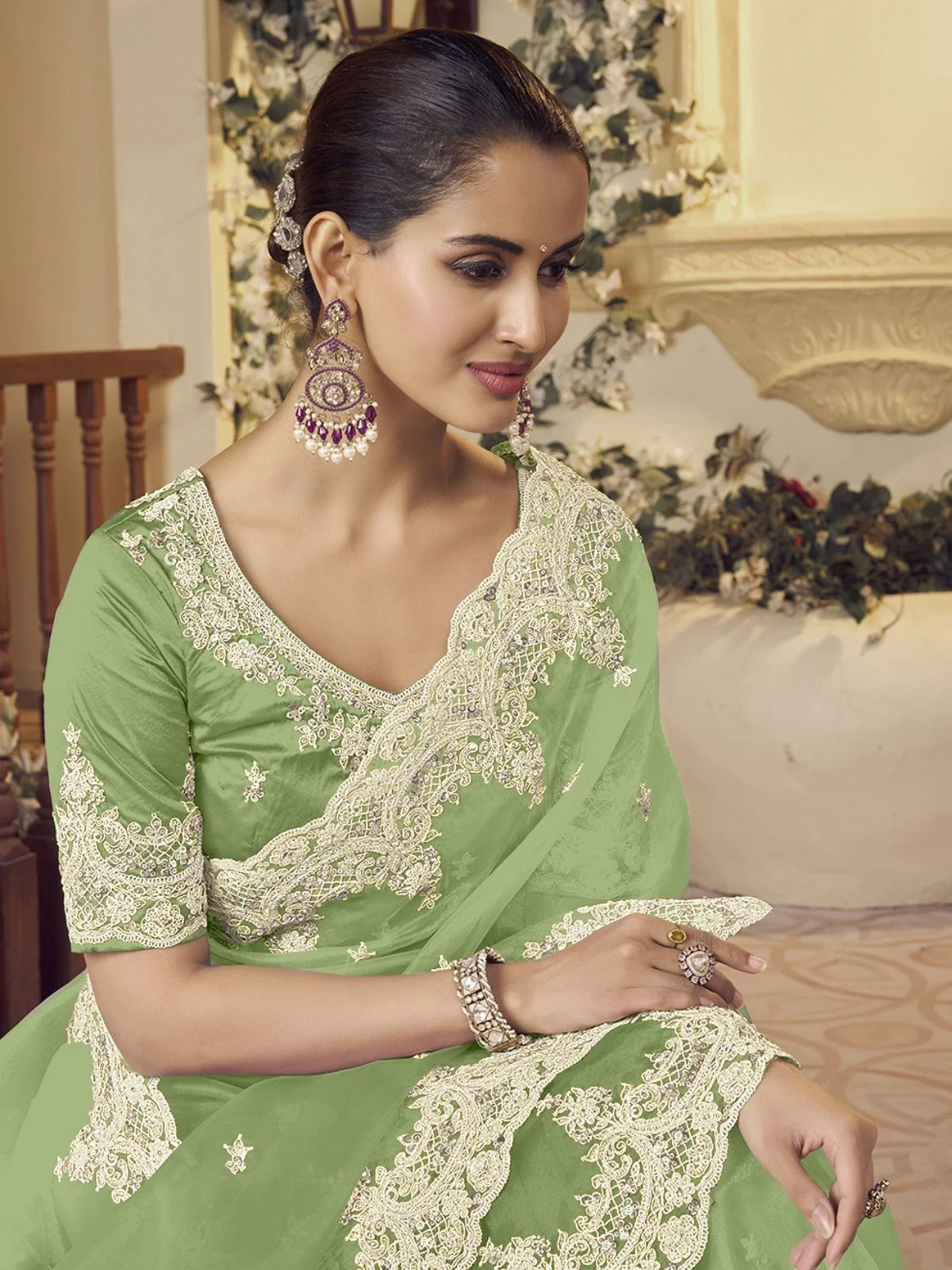 Odette Light Green Organza Embellished Elegant Saree For Women - Image 2
