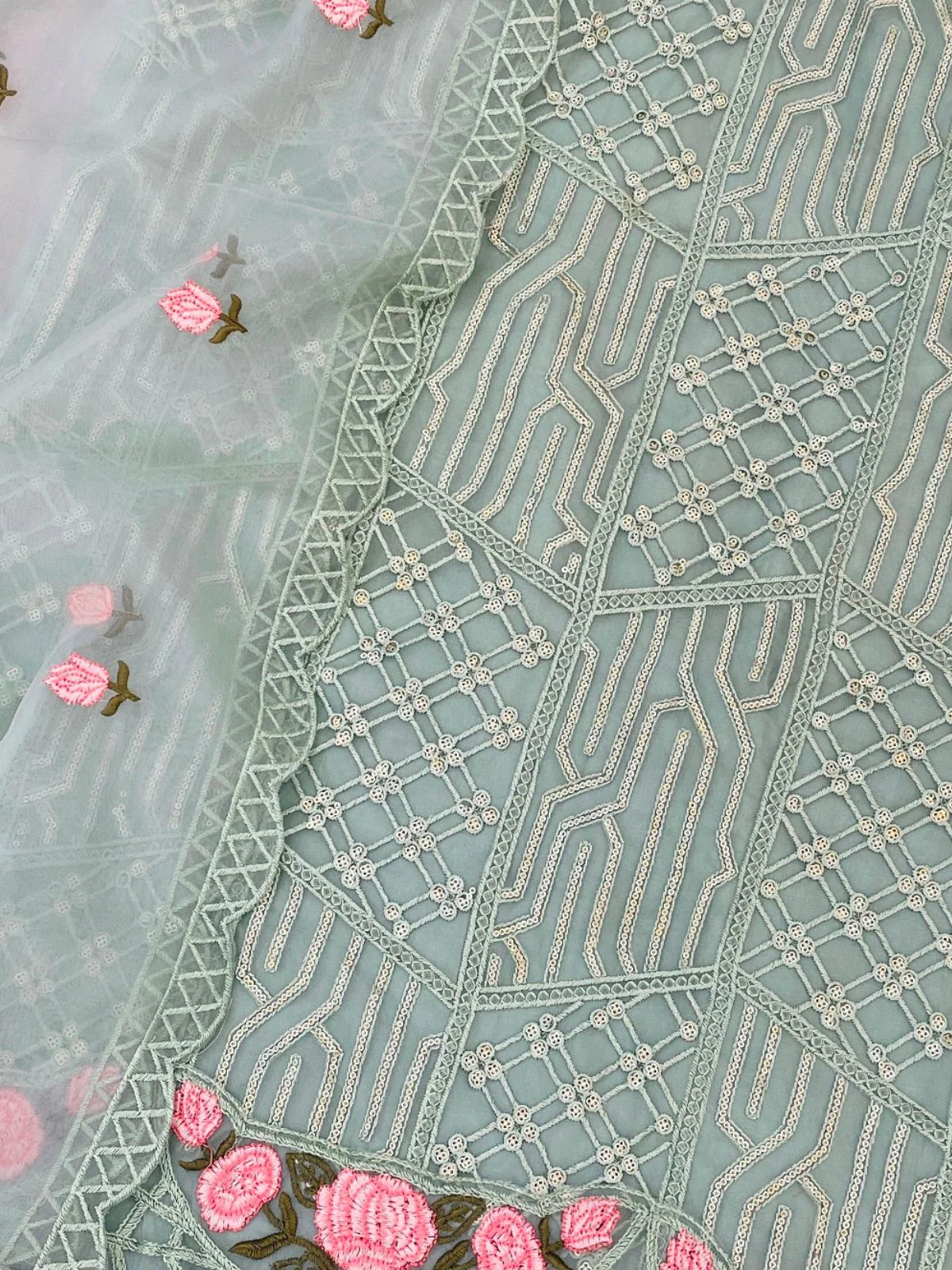Odette Light Green Organza Embellished Semi-Stitched Kurta Set For Women - Image 4