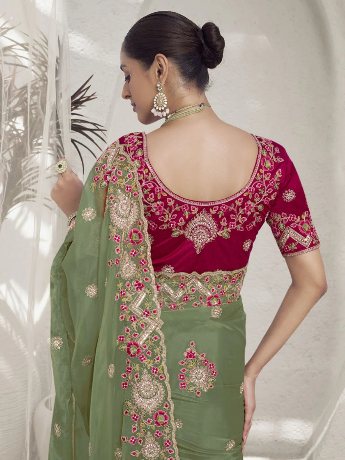 Odette Light Green Organza Embroidered Elegant Saree For Women - Image 3