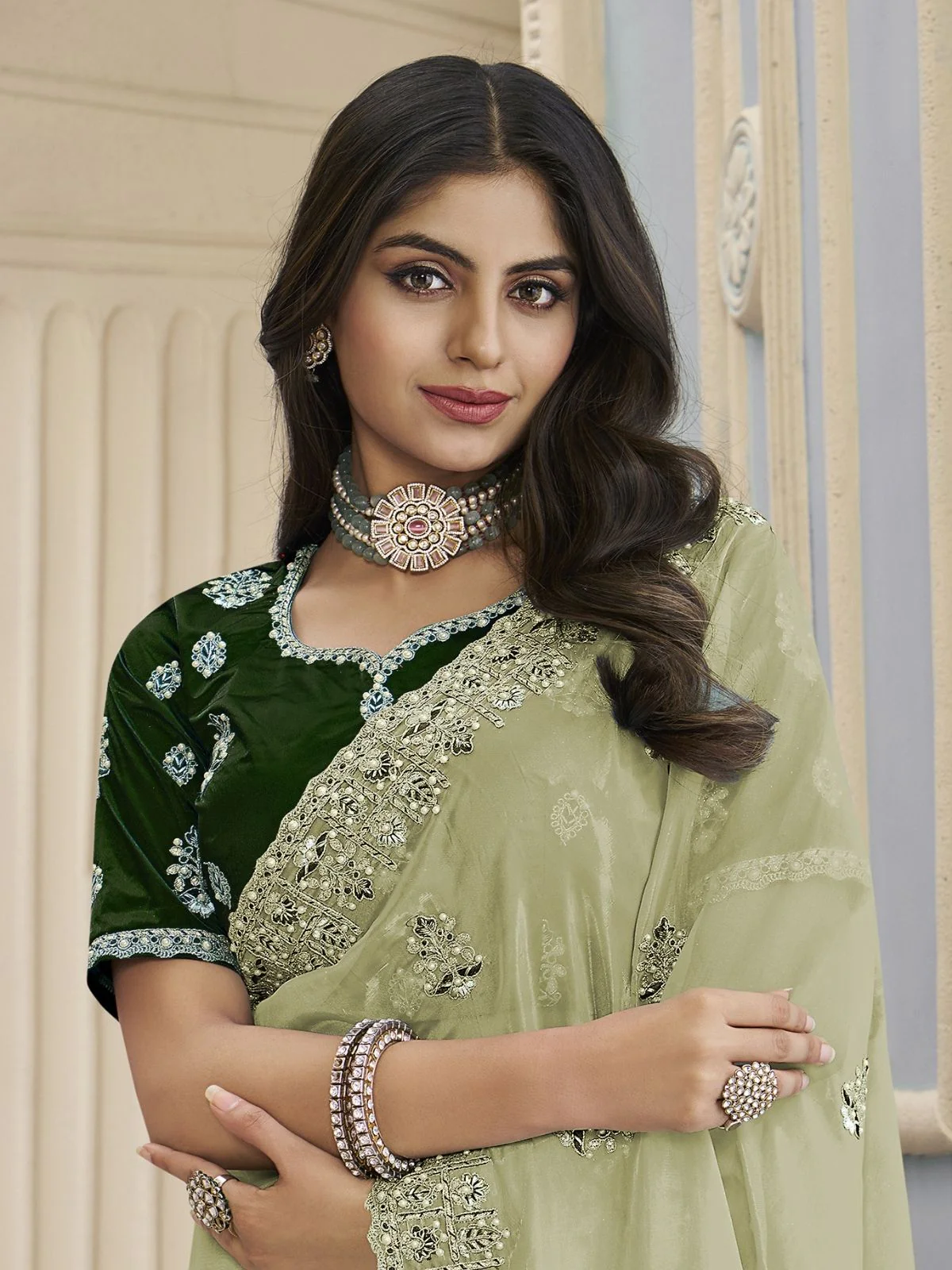 Odette Light Green Organza Embroidered Elegant Saree For Women - Image 2