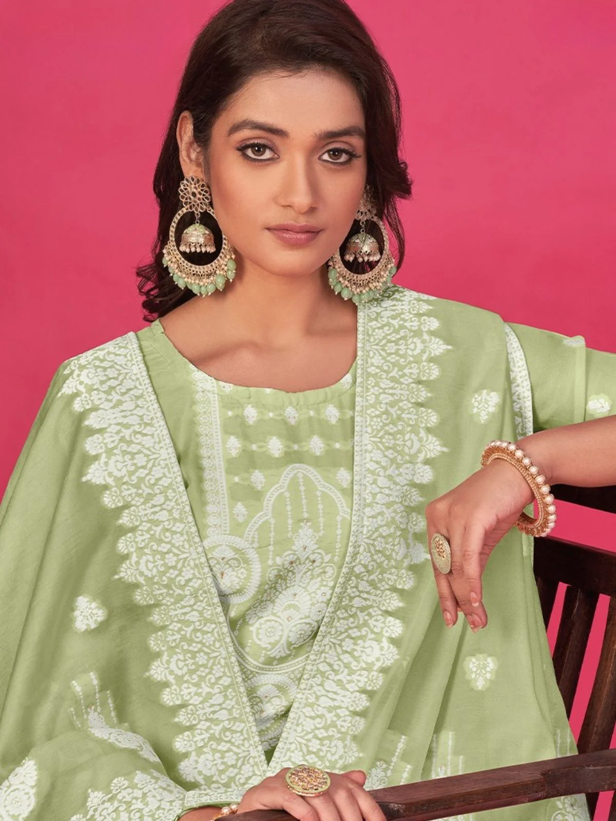 Odette Light Green Organza Embroidered Semi-Stitched Kurta Set For Women - Image 2