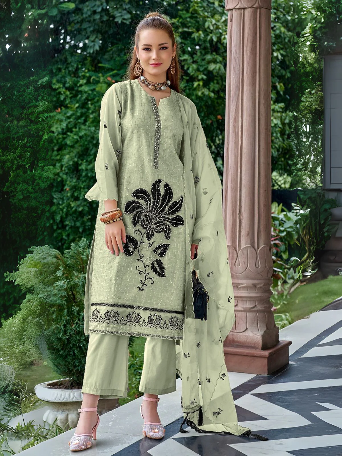 Odette Light Green Organza Embroidered Semi-Stitched Kurta Set For Women