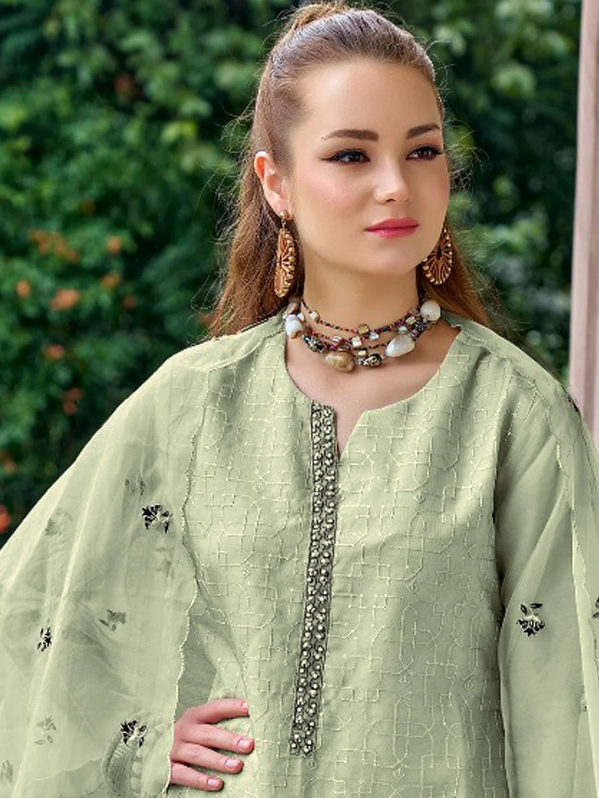 Odette Light Green Organza Embroidered Semi-Stitched Kurta Set For Women - Image 2