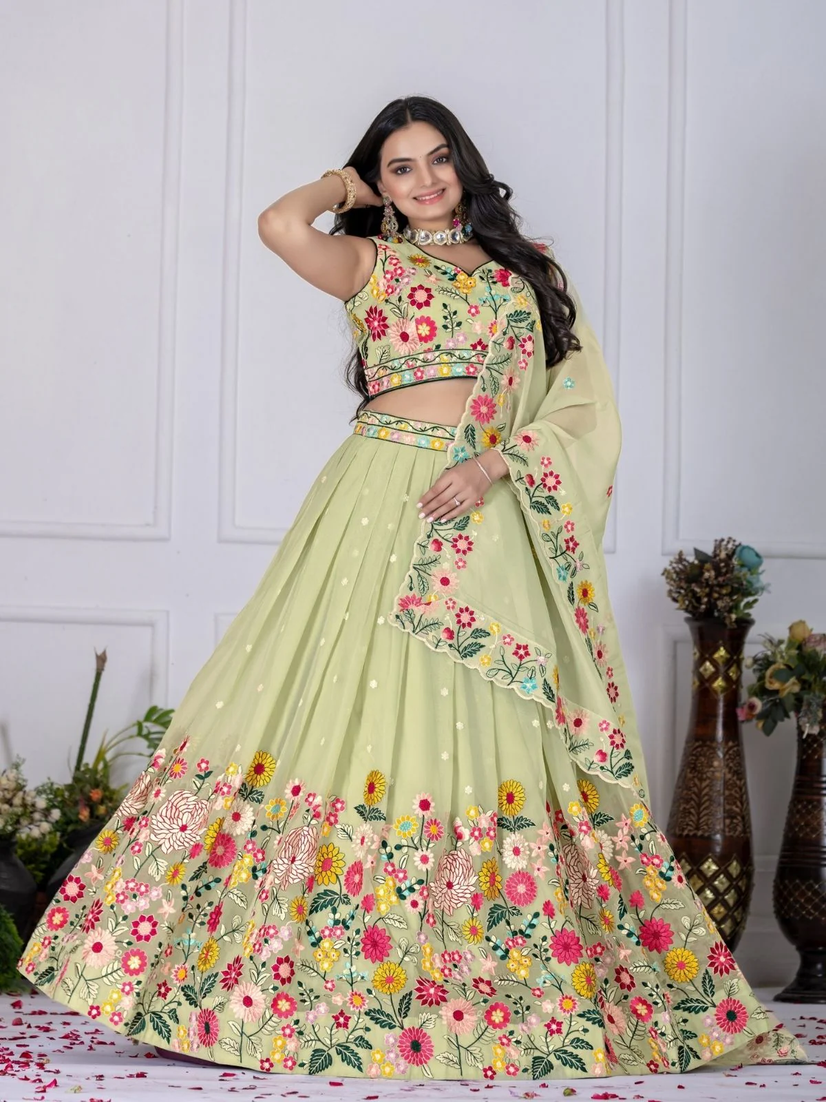 Odette Light Green Organza Embroidered Semi-Stitched lehenga For Women