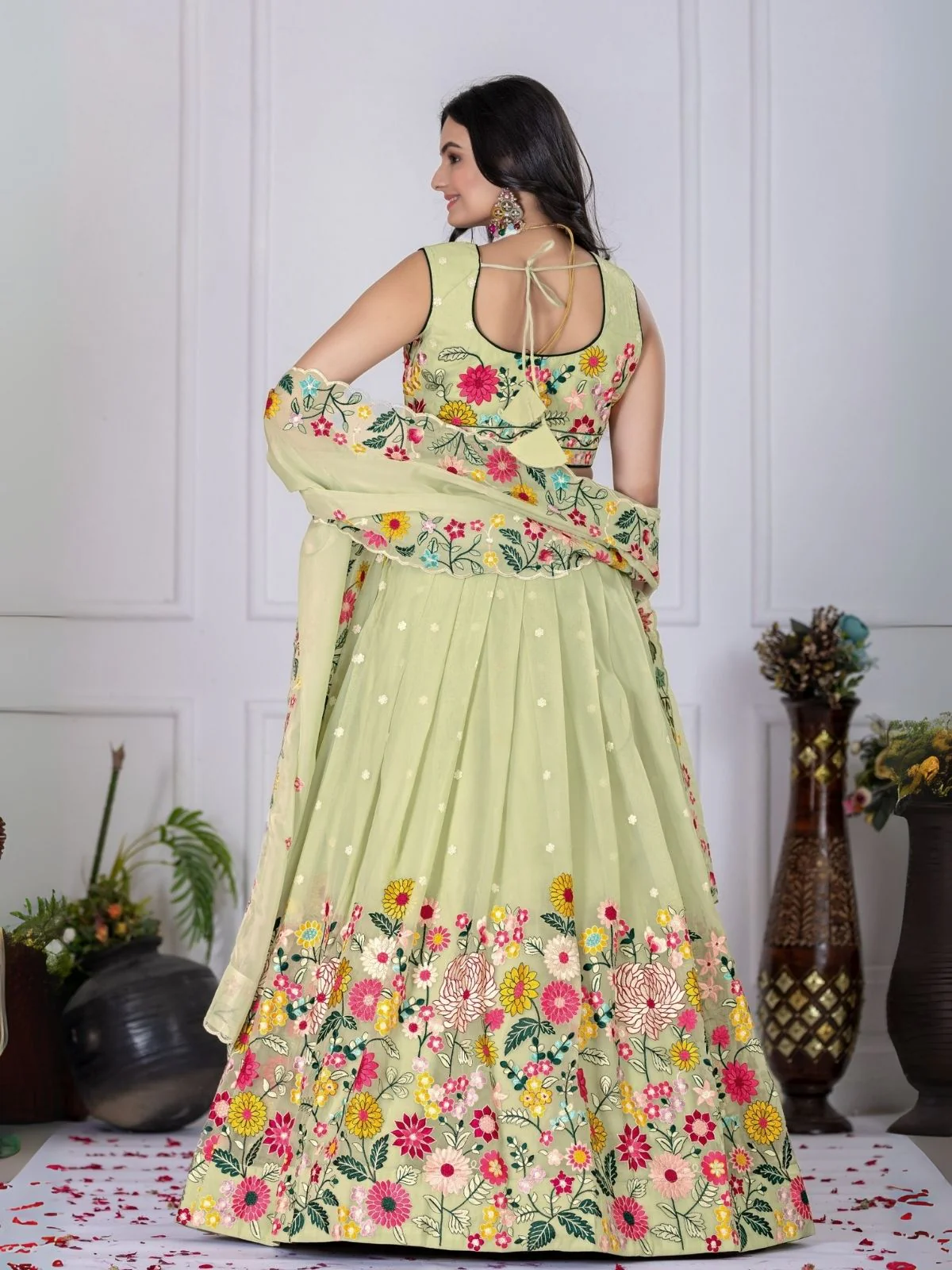 Odette Light Green Organza Embroidered Semi-Stitched lehenga For Women - Image 2