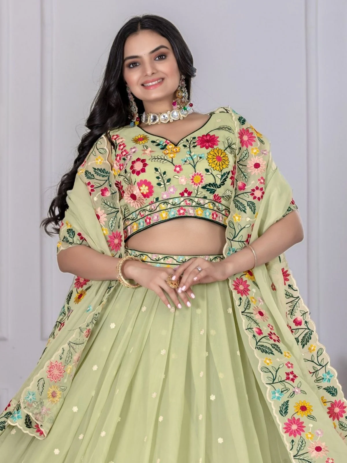 Odette Light Green Organza Embroidered Semi-Stitched lehenga For Women - Image 5