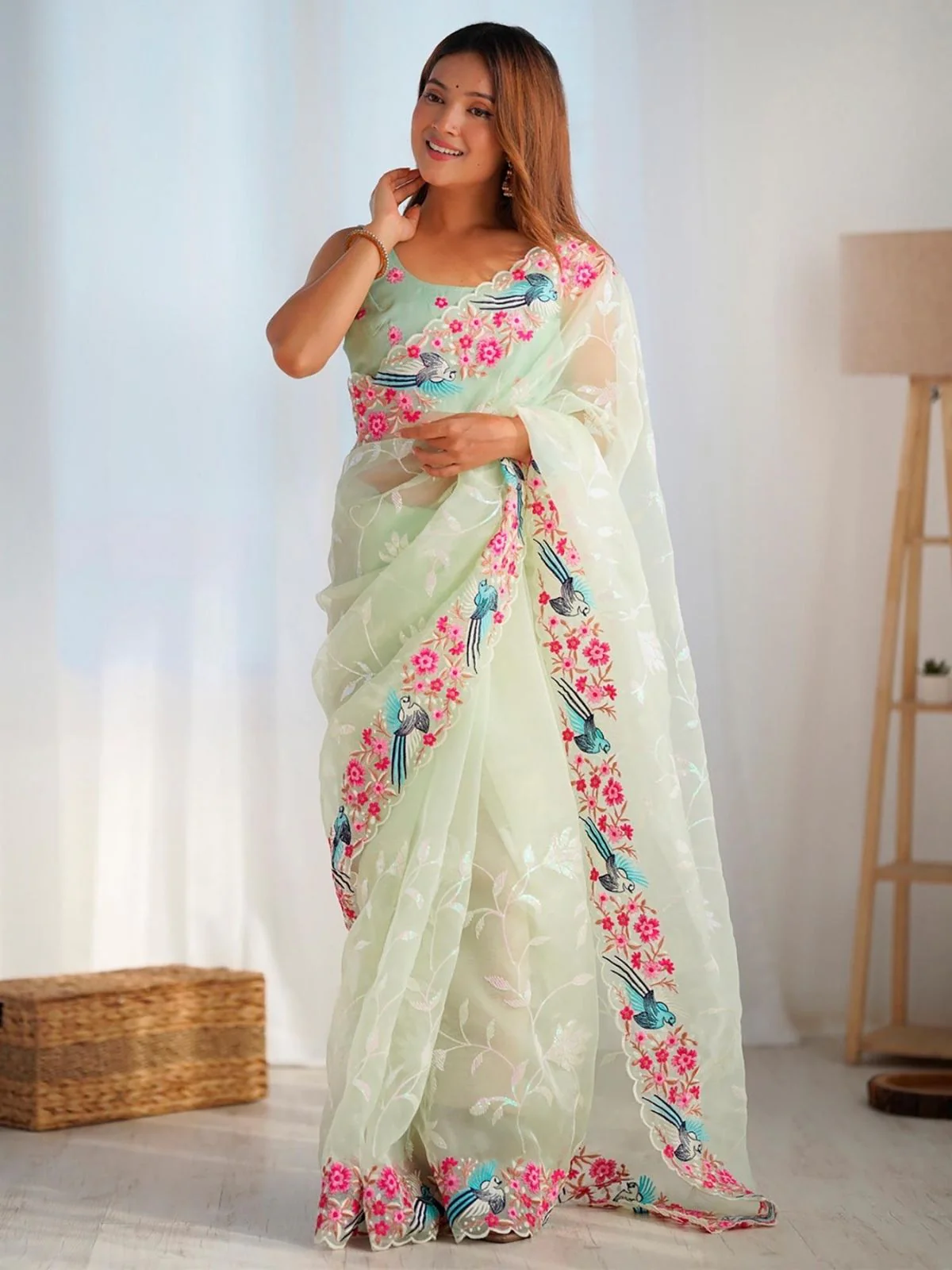 Odette Light Green Organza Embroidered Solid Saree For Women