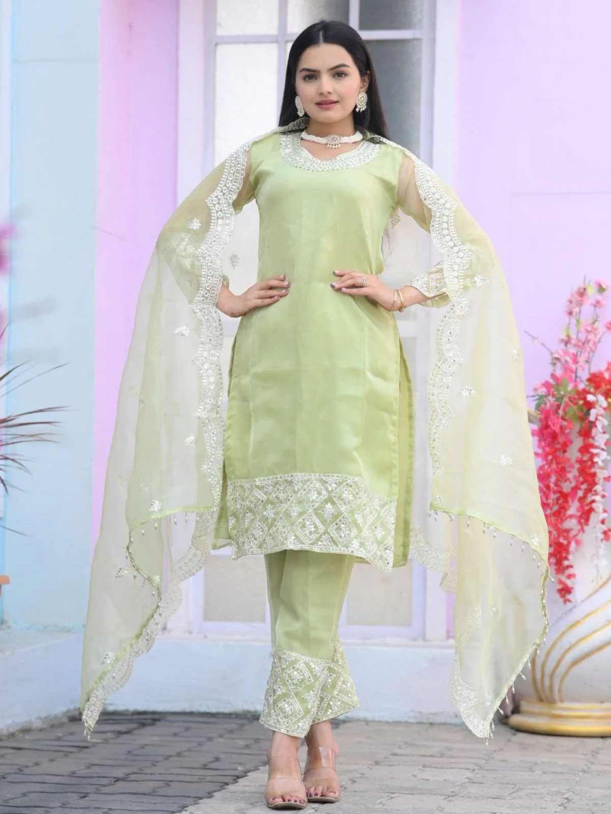 Odette Light Green Organza Embroidered Stitched Kurta Set For Women