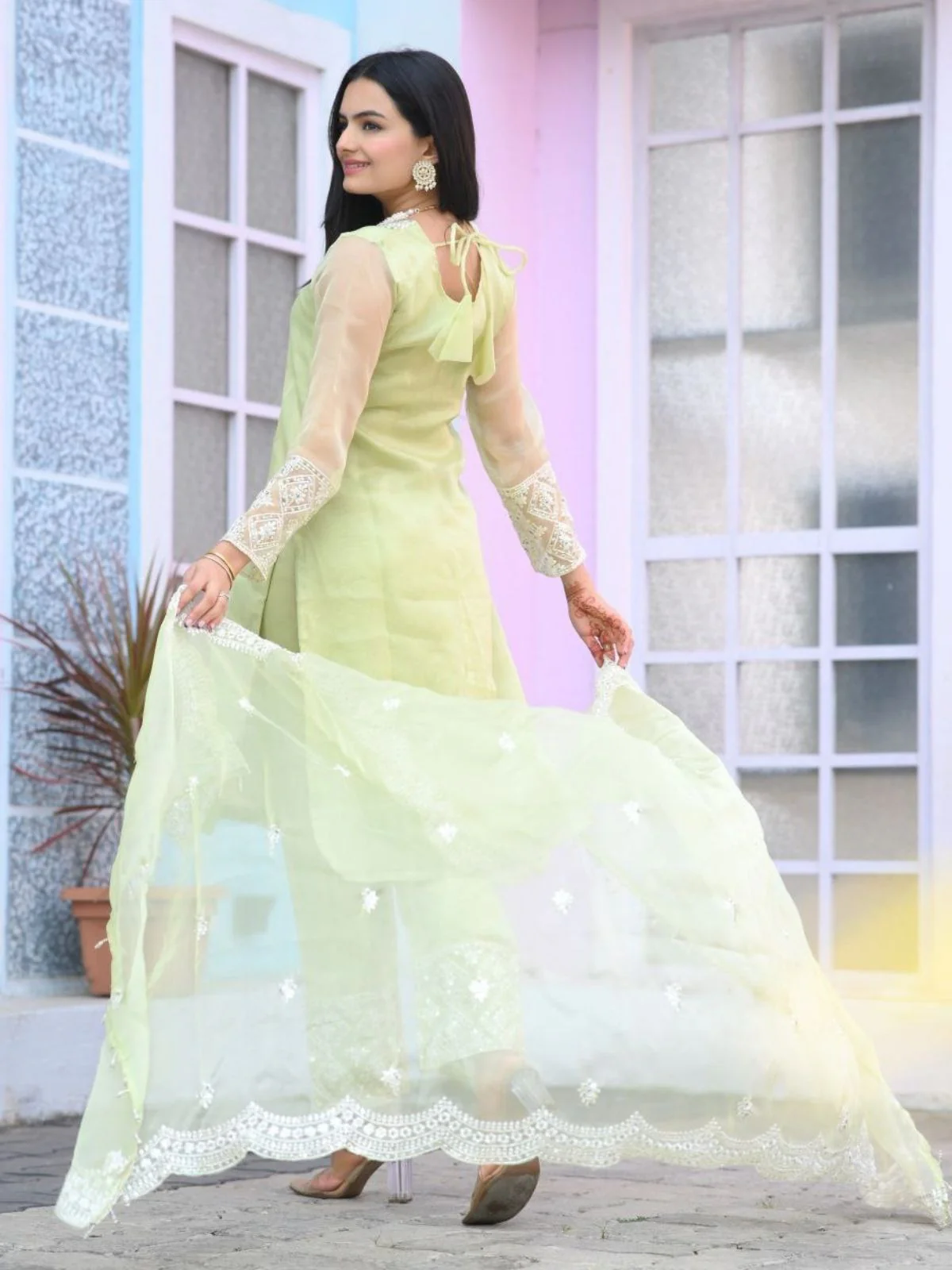 Odette Light Green Organza Embroidered Stitched Kurta Set For Women - Image 2