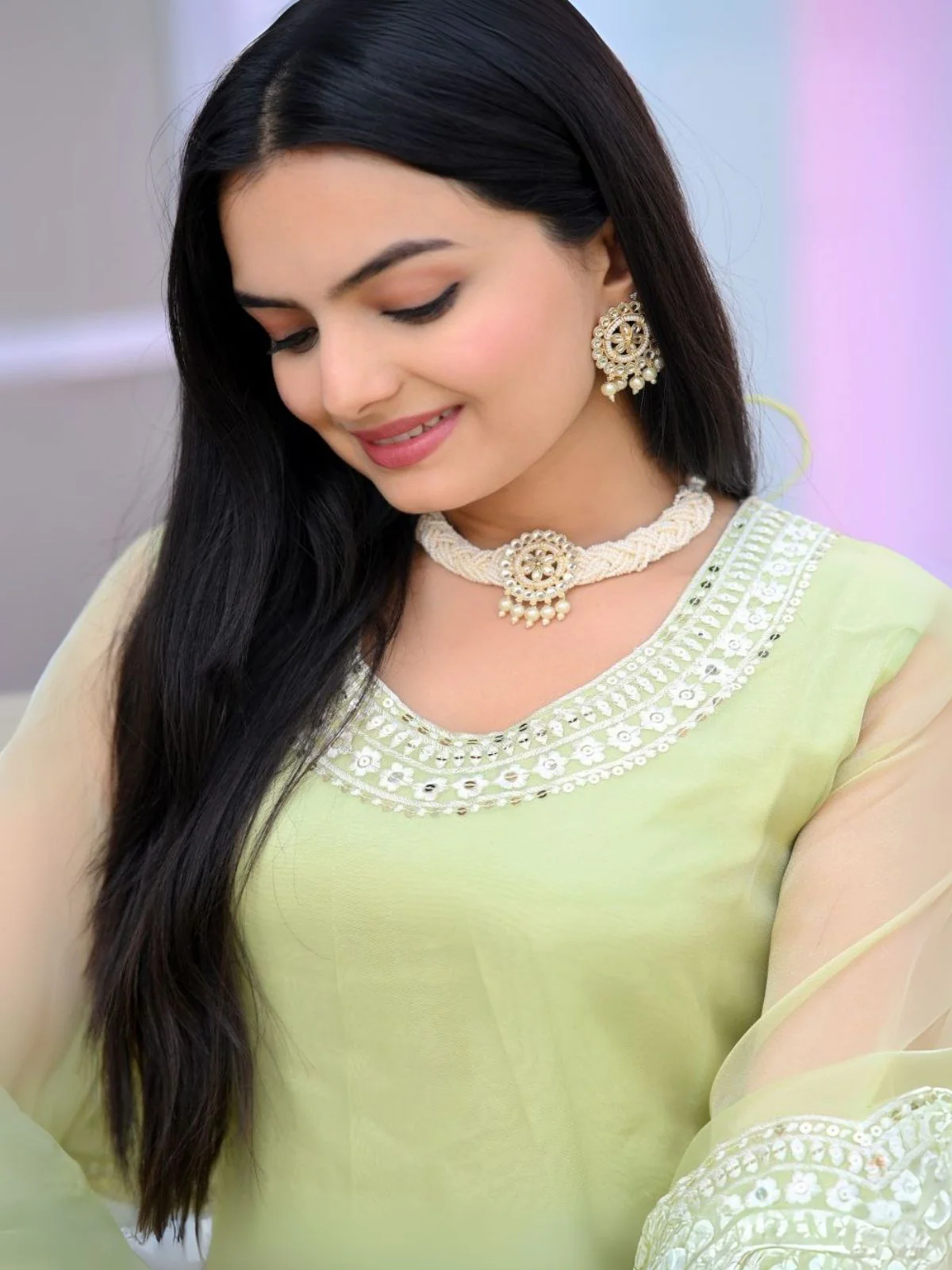 Odette Light Green Organza Embroidered Stitched Kurta Set For Women - Image 3