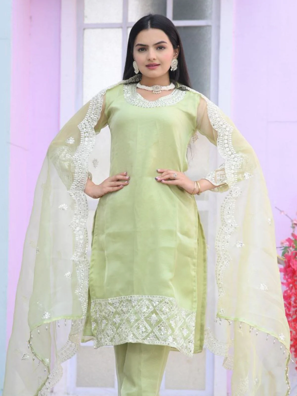 Odette Light Green Organza Embroidered Stitched Kurta Set For Women - Image 4
