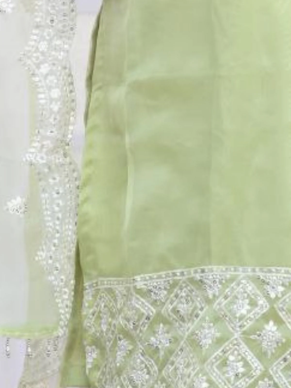 Odette Light Green Organza Embroidered Stitched Kurta Set For Women - Image 5