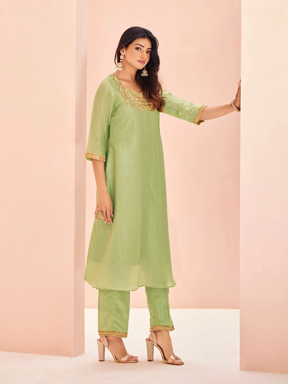 Odette Light Green Organza Embroidered Stitched Kurta Set For Women - Image 2
