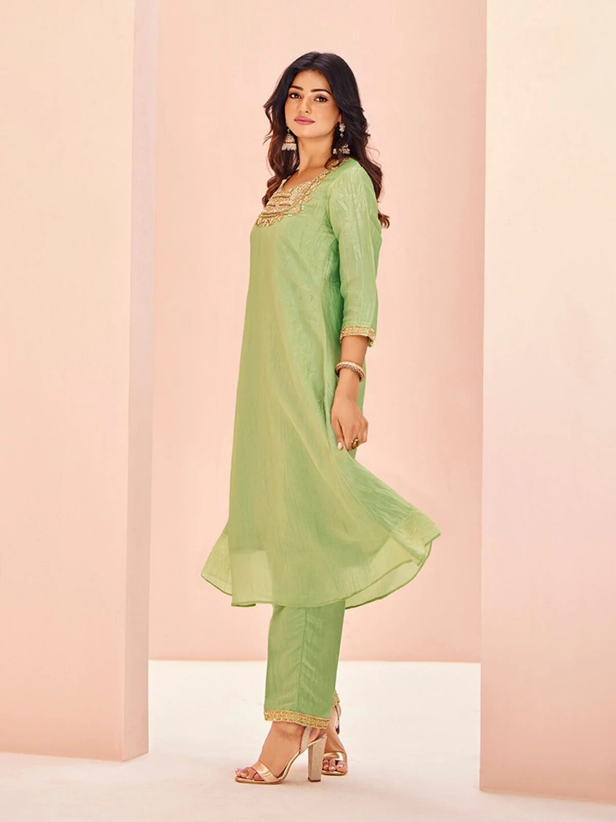 Odette Light Green Organza Embroidered Stitched Kurta Set For Women - Image 3