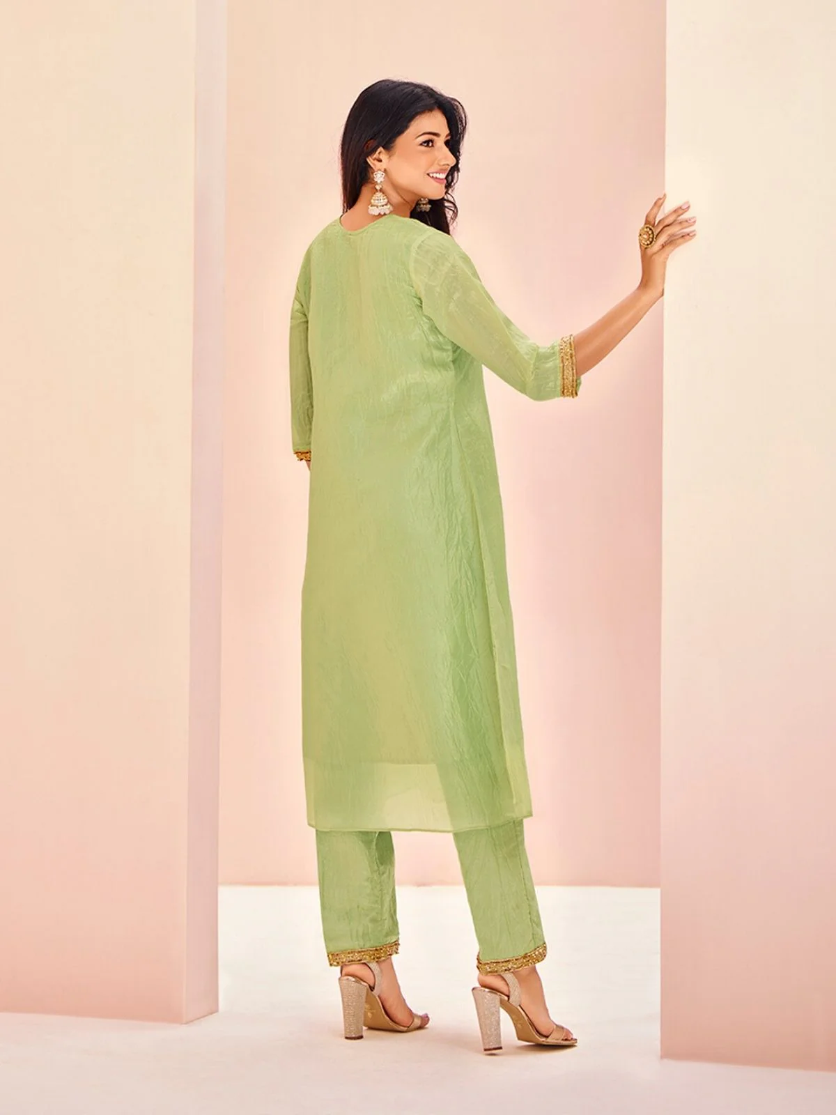Odette Light Green Organza Embroidered Stitched Kurta Set For Women - Image 4