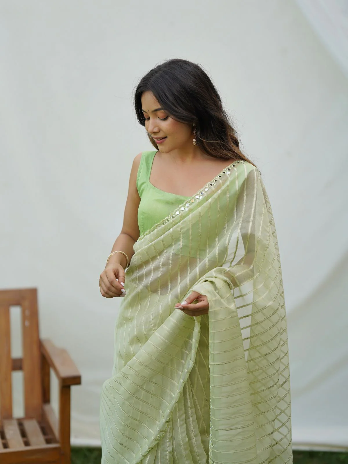 Odette Light Green Organza Mirror Work Saree With Unstitched Blouse For Women - Image 5