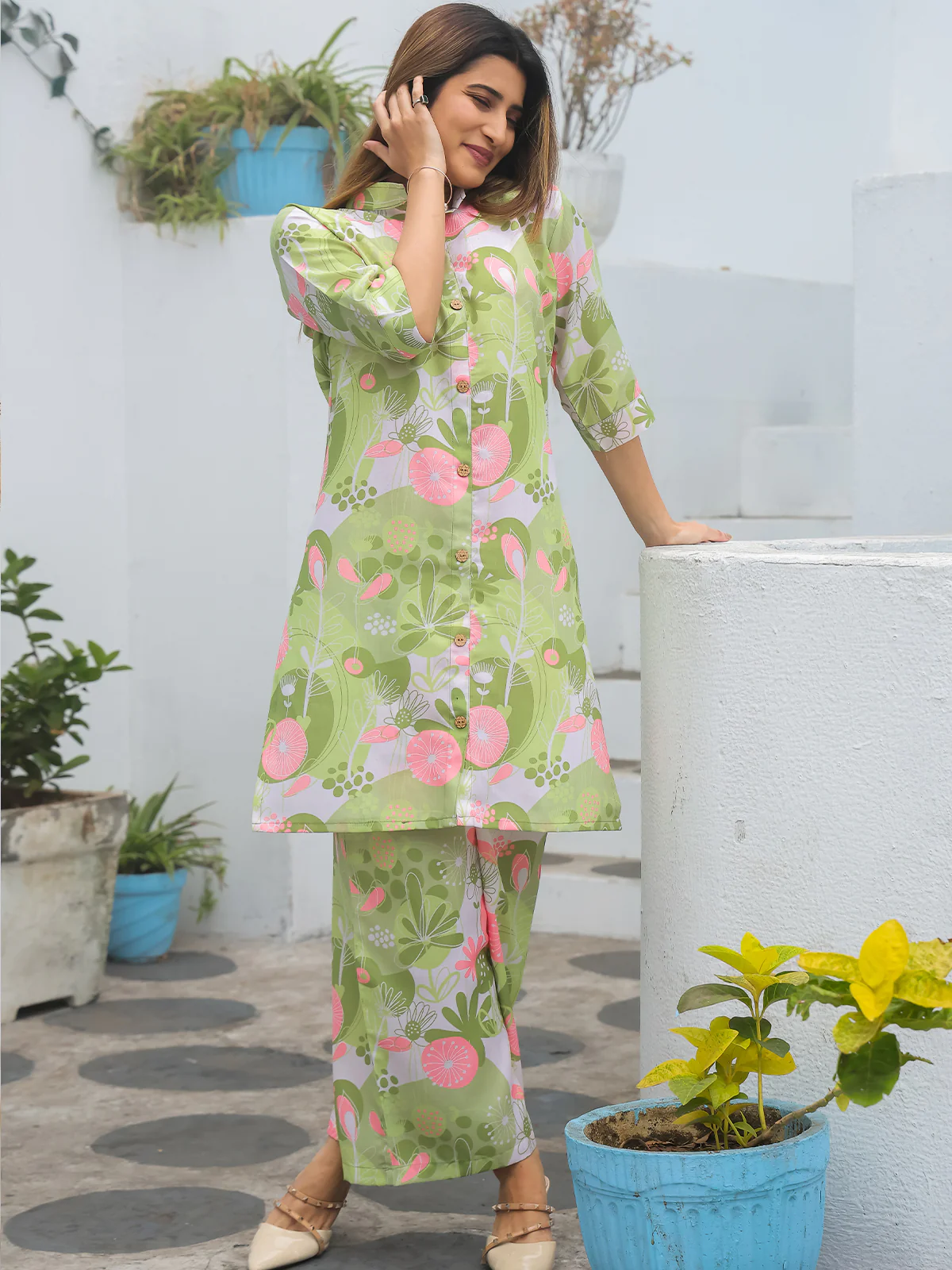 Odette Light Green Cotton Printed Co Ord Set for Women - Image 2