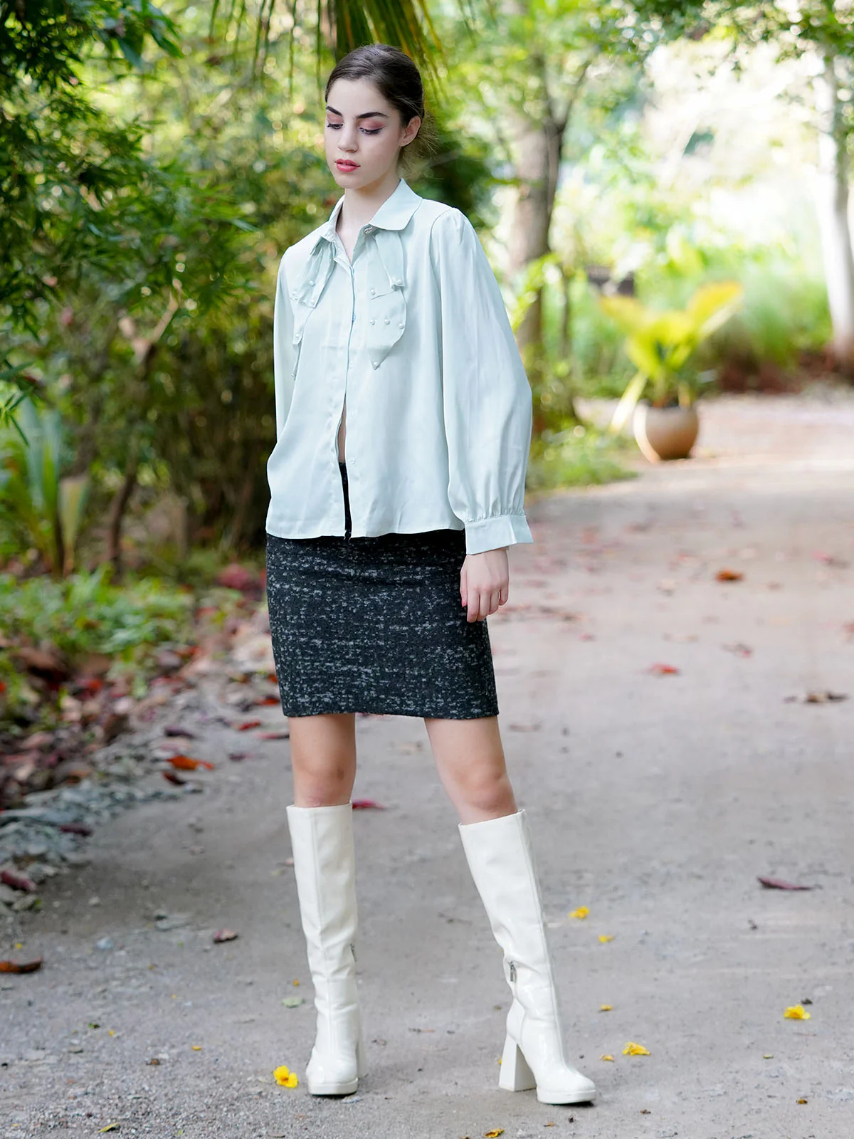 Odette Light Green Satin Embellished Shirt  For Women - Image 3