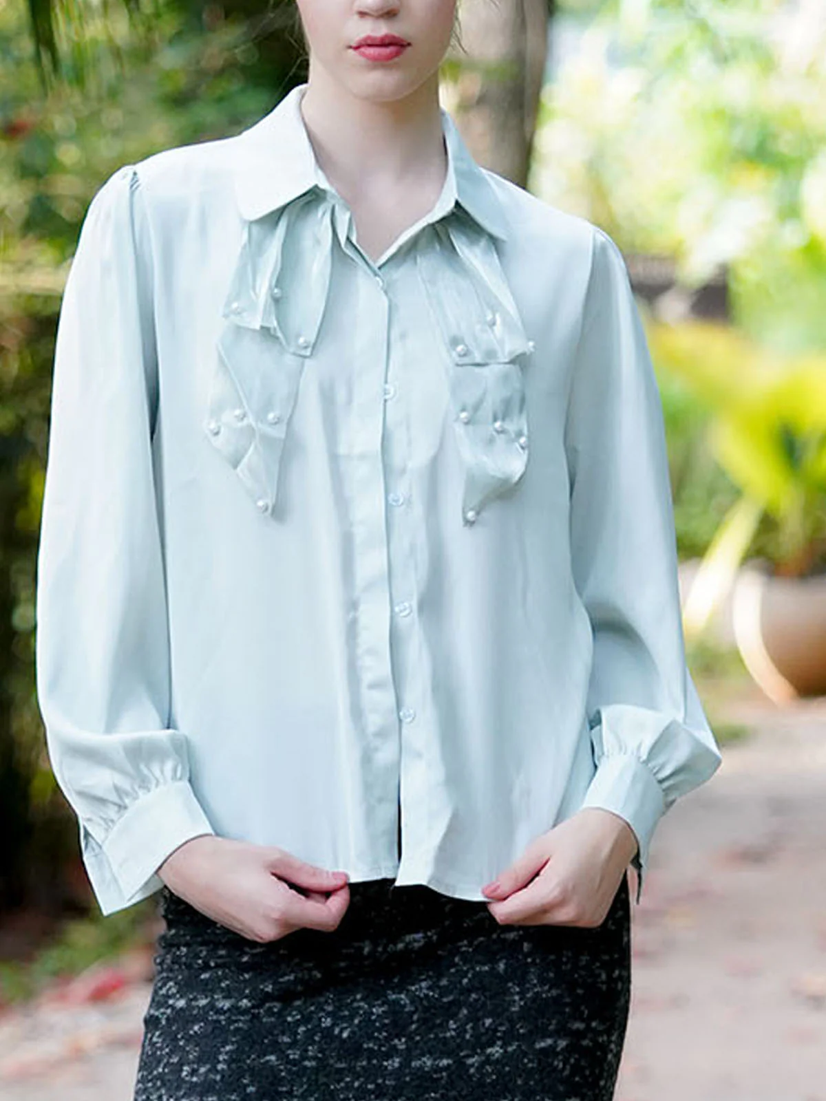 Odette Light Green Satin Embellished Shirt  For Women - Image 5