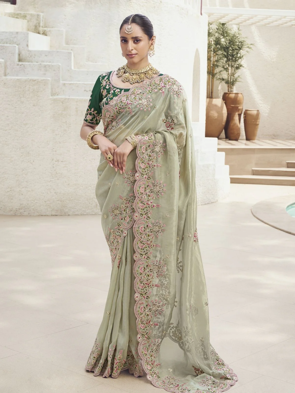 Odette Light Green Silk Blend Embroidered Saree With Unstitched Blouse For Women