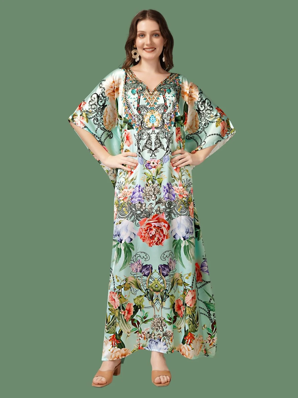 Odette Light Green Satin Printed Kaftan For Women