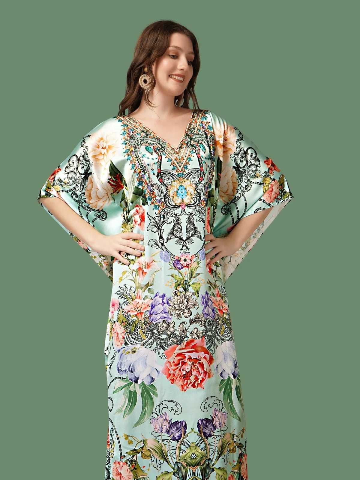 Odette Light Green Satin Printed Kaftan For Women - Image 4