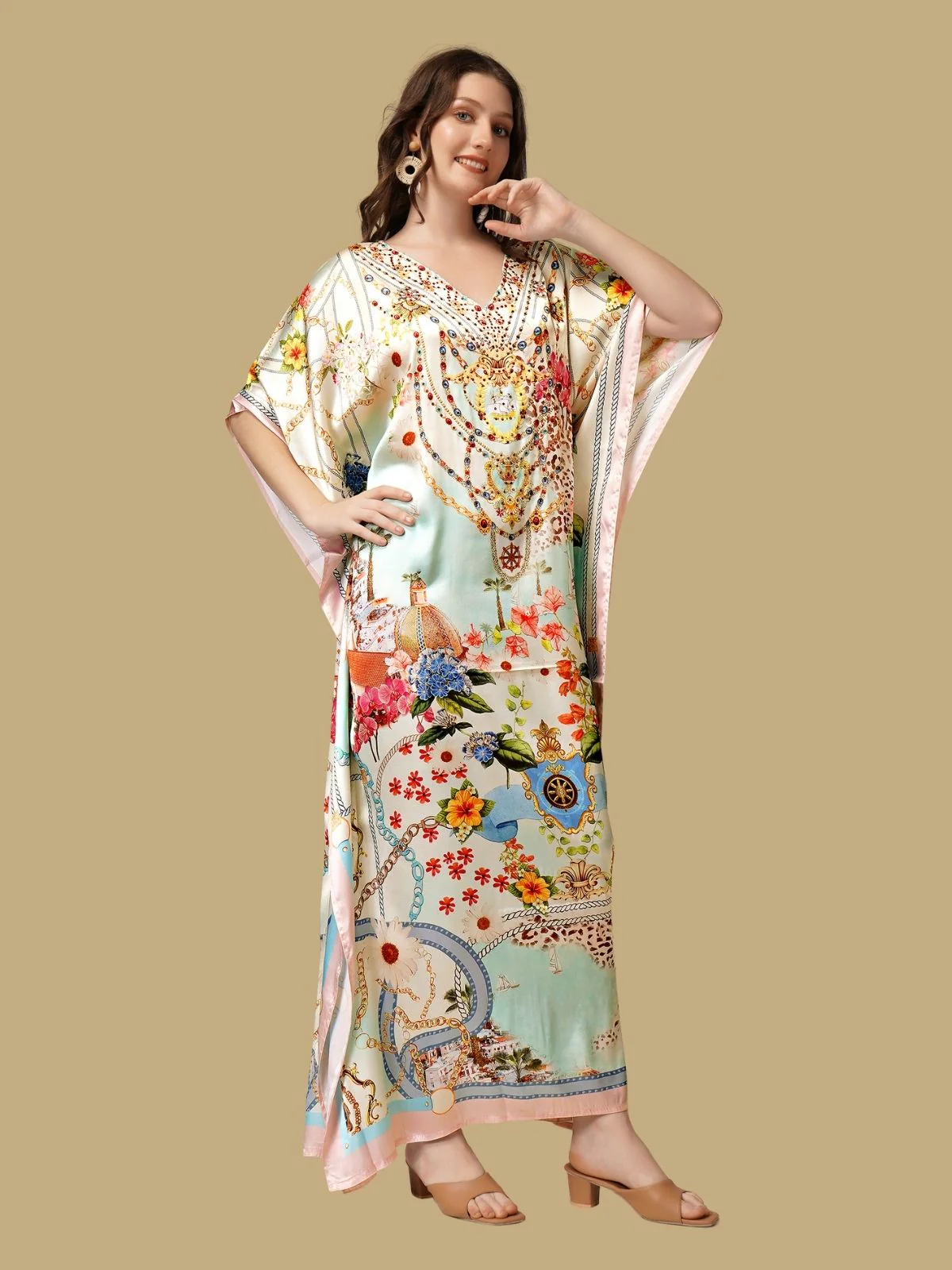 Odette Light Green Satin Printed Kaftan For Women