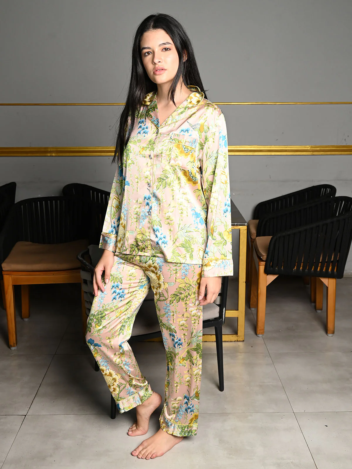 Odette Light Green Satin Printed Night Wear Set For Women - Image 2
